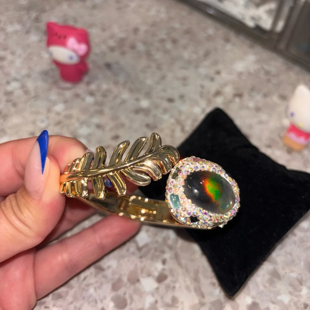 Gold Leaf Cuff Bracelet with Iridescent Gem